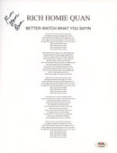 Rich Homie Quan Signed Autographed 8.5x11 Lyric Sheet “Better Watch What You Sayin” PSA/DNA Authenticated