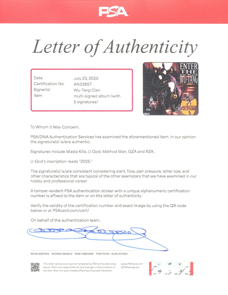 Wu-Tang Clan Autographed Vinyl LP "Enter the Wu-Tang (36 Chambers)" PSA/DNA Authenticated