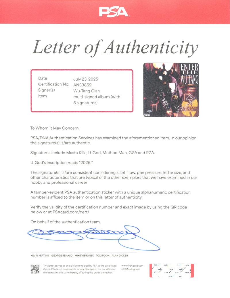 Wu-Tang Clan Autographed Vinyl LP "Enter the Wu-Tang (36 Chambers)" PSA/DNA Authenticated