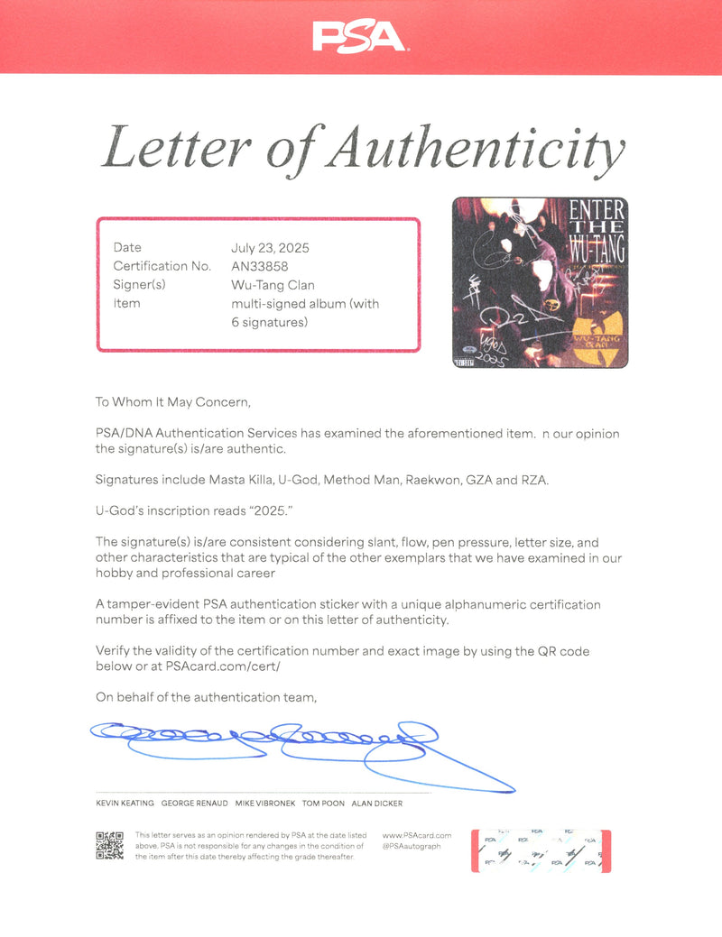 Wu-Tang Clan Autographed Vinyl LP "Enter the Wu-Tang (36 Chambers)" PSA/DNA Authenticated