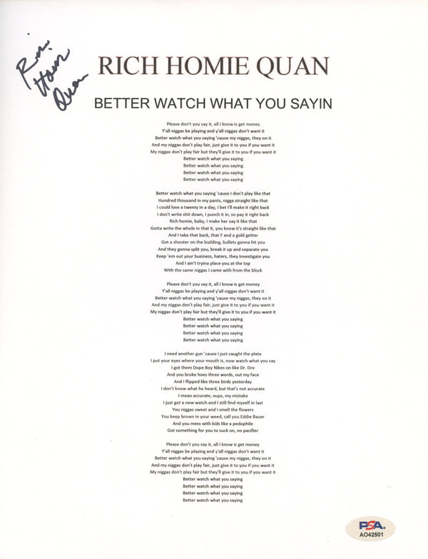 Rich Homie Quan Signed Autographed 8.5x11 Lyric Sheet “Better Watch What You Sayin” PSA/DNA Authenticated