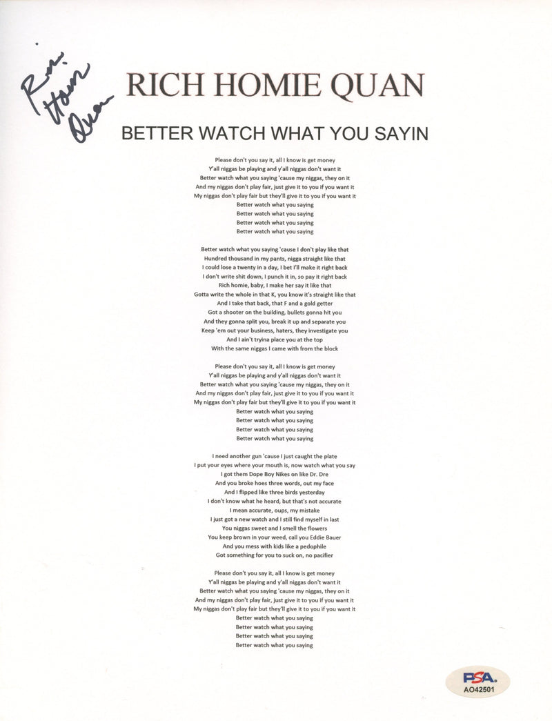 Rich Homie Quan Signed Autographed 8.5x11 Lyric Sheet “Better Watch What You Sayin” PSA/DNA Authenticated