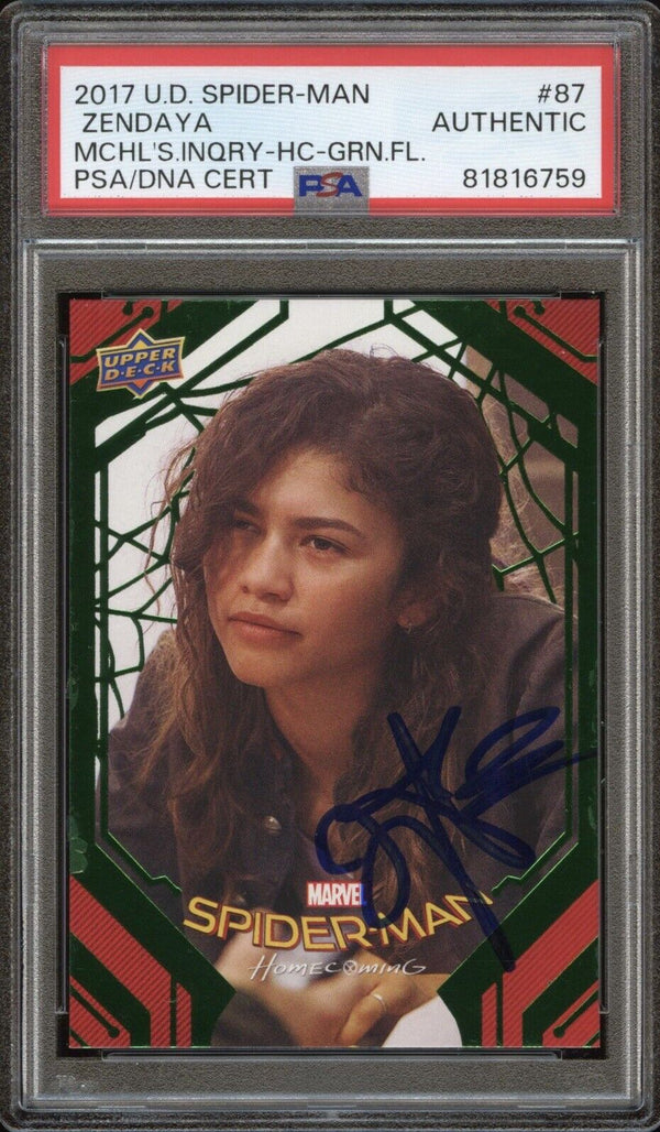 2017 Upper Deck Spider-Man #87 Zendaya Michelle’s Inquiry Green Foil Auto PSA/DNA Authentic