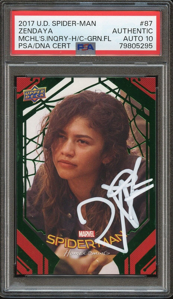 2017 Upper Deck Spider-Man #87 Zendaya Michelle’s Inquiry Green Foil Auto PSA/DNA 10 Gem Mint