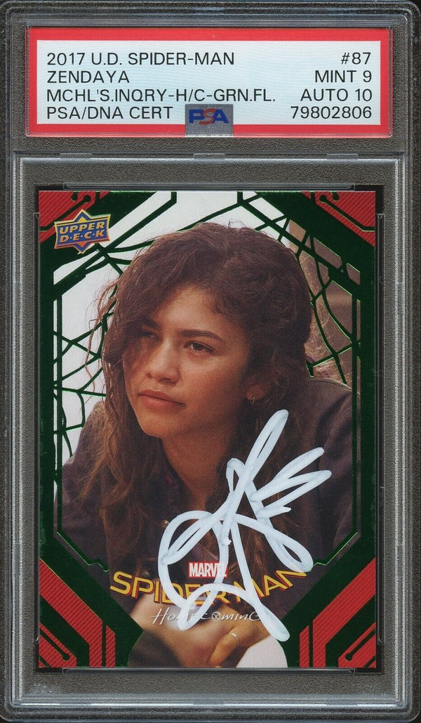 2017 Upper Deck Spider-Man #87 Zendaya Michelle’s Inquiry Green Foil Auto PSA 9/10 Mint